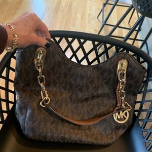 Michael Kors Black and Brown Shoulder Bag with Gold Accents